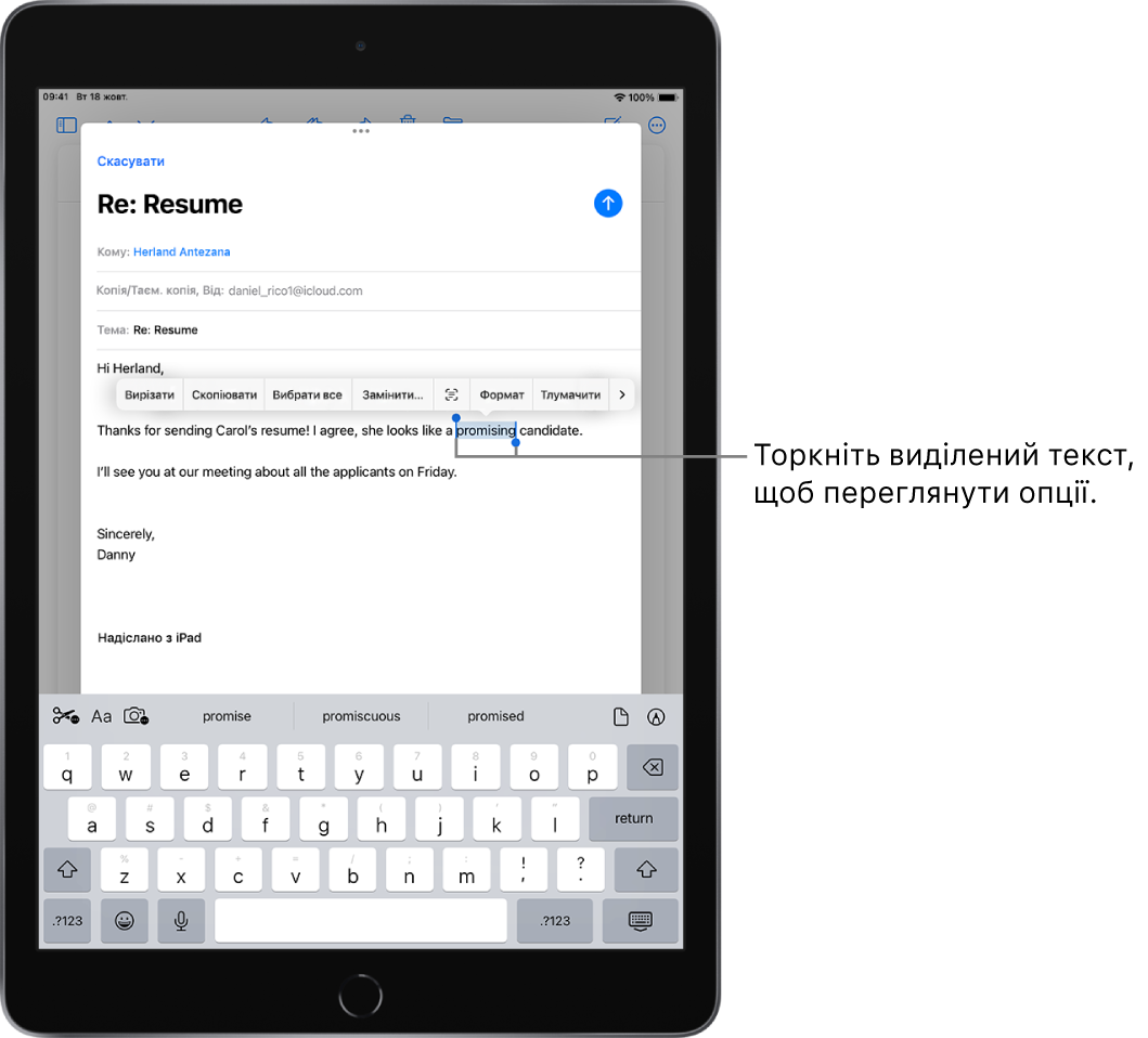 Приклад повідомлення електронної пошти з вибраним текстом. Над вибраною частиною відображаються кнопки «Вирізати», «Копіювати», «Вставити» та «Замінити» й інші команди. Вибраний текст підсвічується, з обох сторін відображаються маркери.