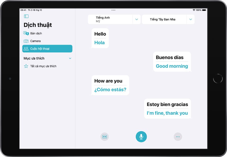 Tab Cuộc hội thoại, đang hiển thị các bong bóng trò chuyện và bản dịch của chúng.