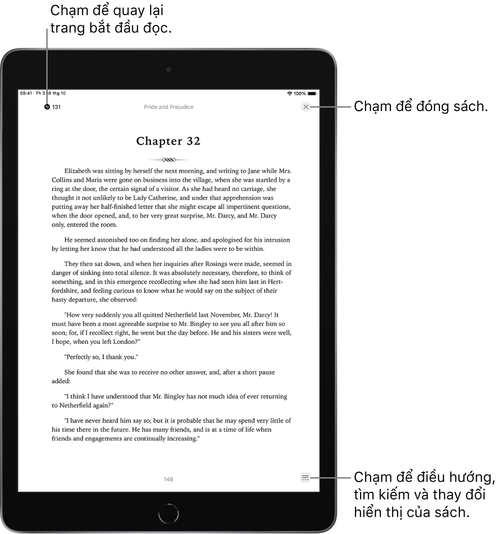 Một trang sách trong ứng dụng Sách. Ở đầu màn hình là các nút để quay lại trang mà bạn đã bắt đầu đọc và để đóng sách. Ở dưới cùng bên phải của màn hình là nút Menu.