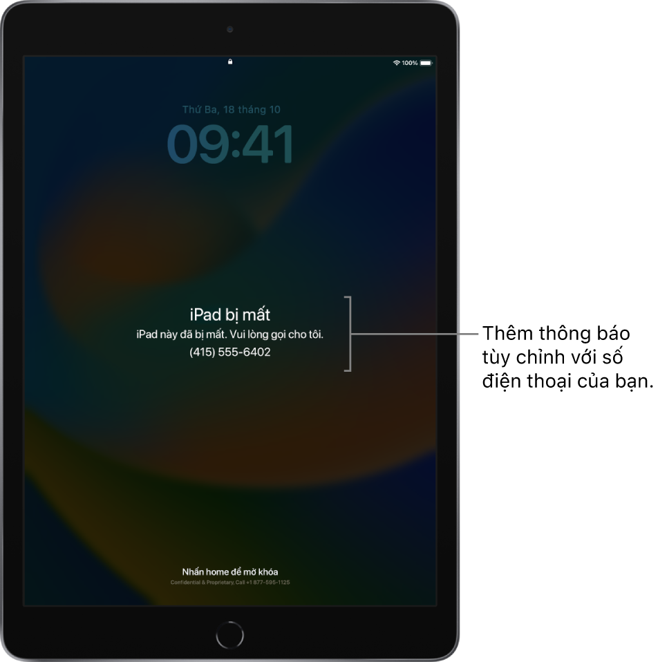 Một Màn hình khóa của iPad với thông báo: “Lost iPad. This iPad has been lost. Please call me. (415) 555-6204”. Bạn có thể thêm thông báo tùy chỉnh với số điện thoại của bạn.