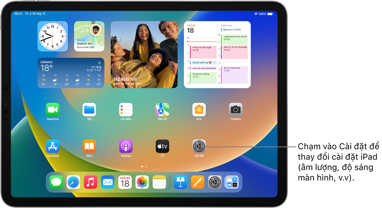 Màn hình chính của iPad với một vài biểu tượng ứng dụng, bao gồm biểu tượng ứng dụng Cài đặt mà bạn có thể chạm để thay đổi âm lượng âm thanh, độ sáng màn hình, v.v của iPad.