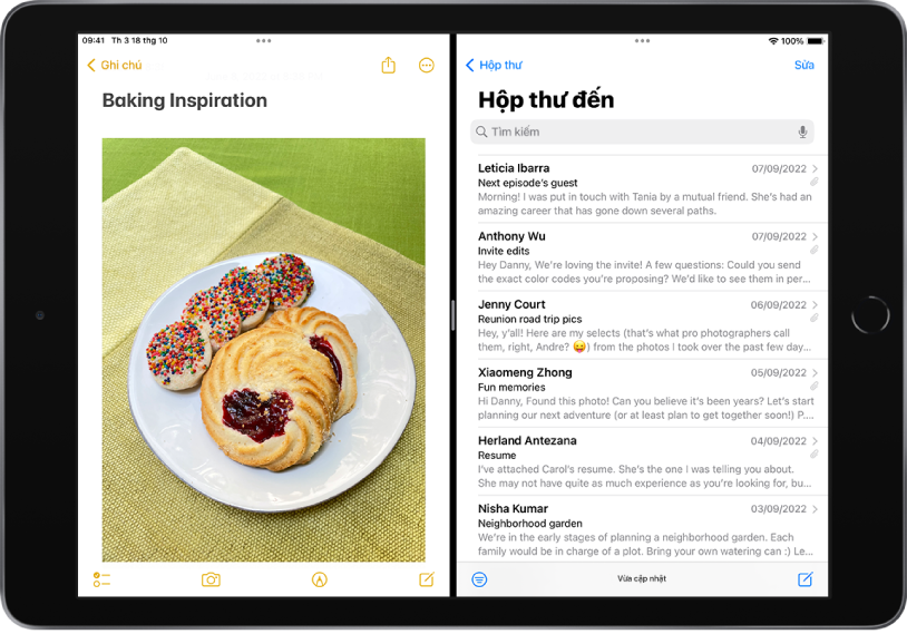 Ứng dụng Ghi chú được mở ở bên trái của màn hình và ứng dụng Mail được mở ở bên phải. Giữa các ứng dụng là một vạch chia có thể điều chỉnh để định cỡ lại Split View.