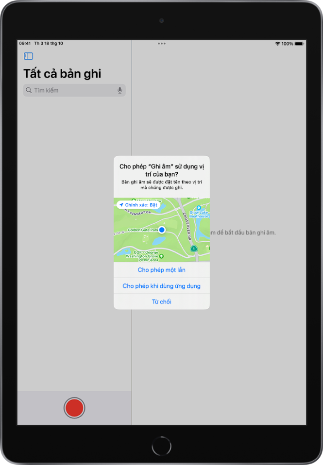 Một yêu cầu từ một ứng dụng để sử dụng dữ liệu vị trí trên iPad. Các tùy chọn là Cho phép một lần, Cho phép khi dùng ứng dụng và Không cho phép.