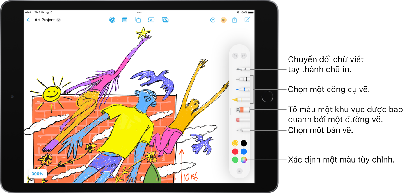 Một bảng Freeform với các công cụ vẽ được hiển thị. Bạn có thể chọn công cụ viết tay để chuyển đổi văn bản viết tay thành văn bản được nhập, chọn một công cụ vẽ, tô màu cho một khu vực có đường vẽ bao quanh, chọn một bản vẽ và xác định một màu tùy chỉnh.