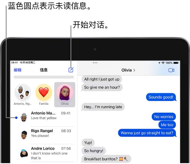 “信息”列表，“编辑”按钮位于左上方，切换到 FaceTime 通话按钮位于右上方。信息左侧的蓝色圆点表示未读。