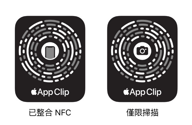 左方為已整合 NFC 的輕巧 App 條碼，iPhone 圖像位於其中央。右方為僅限掃描的輕巧 App 條碼，相機圖像位於其中央。