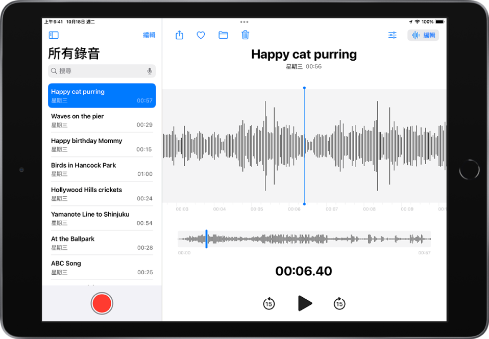 「語音備忘錄」中完成的錄音。所有錄音列表位於左側，最上方帶有所選的錄音。在右側，錄製包含播放磁頭，你可以拖移波形來前往錄音中的特定位置，波形下方是時間列。上方是「分享」、「喜好項目」、「搬移」、「刪除」「播放設定」和「編輯」按鈕。時間列下方是「跳到 15 秒前的上一段」、「播放」和「跳到 15 秒後的下一段」按鈕。