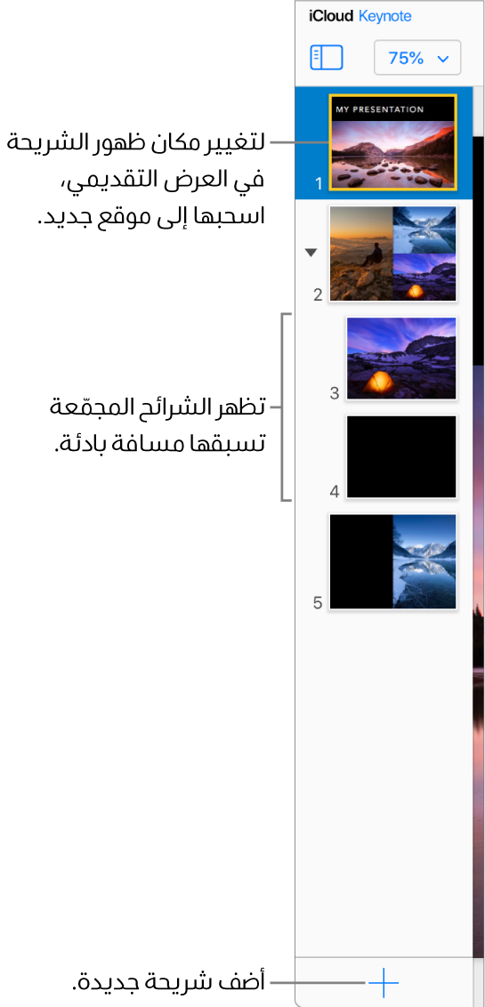متصفح الشرائح في إصدار Keynote لـ iCloud مفتوح في الشريط الجانبي الأيمن، ويعرض خمس شرائح في العرض التقديمي. يوجد زر إضافة شريحة جديدة في الجزء السفلي من الشريط الجانبي.