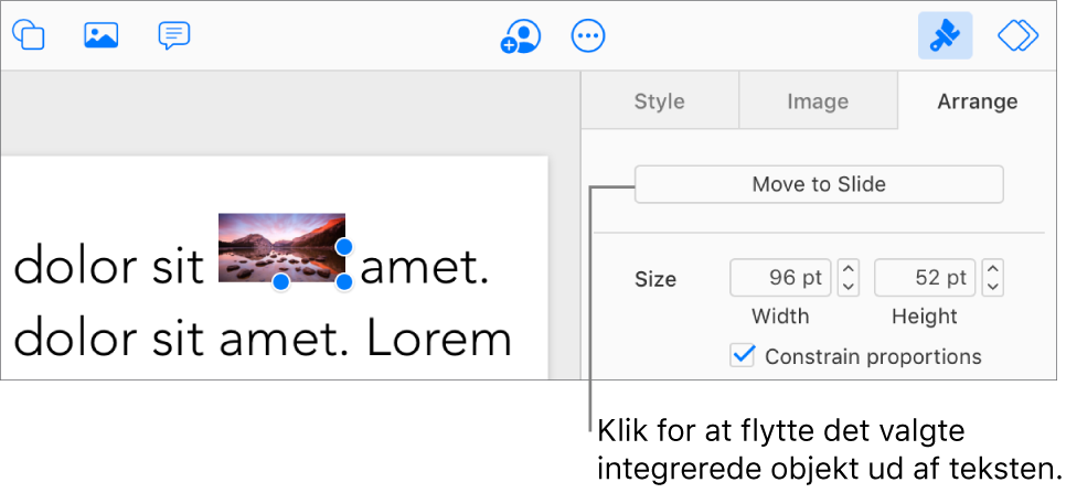 Et integreret billede i et tekstfelt er valgt, og knappen Flyt til lysbillede er synlig under fanen Organiser i indholdsoversigten.