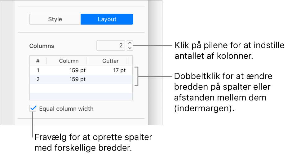 Funktionerne til tekstspalter under Layout i indholdsoversigten Format.