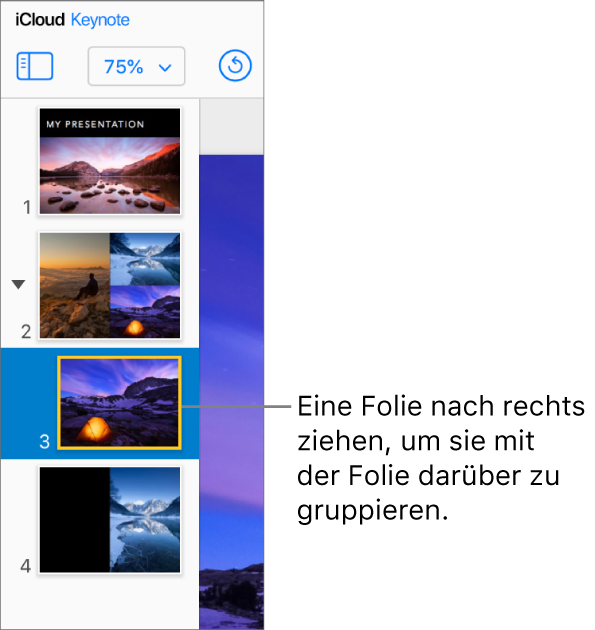 Der Foliennavigator von Keynote für iCloud mit einer nach rechts bewegten Folie