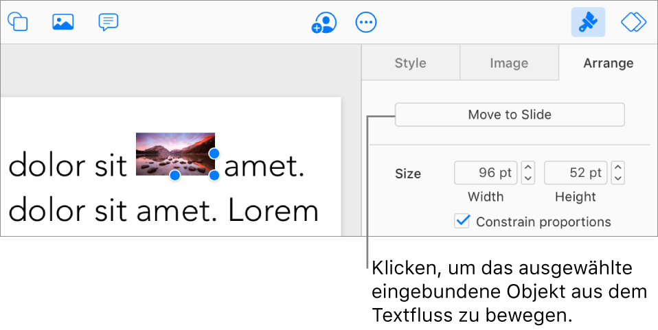 Ein eingebundenes Bild in einem Textfeld ist ausgewählt und eine Taste „Auf Folie bewegen“ wird im Tab „Anordnen“ in der Seitenleiste angezeigt.