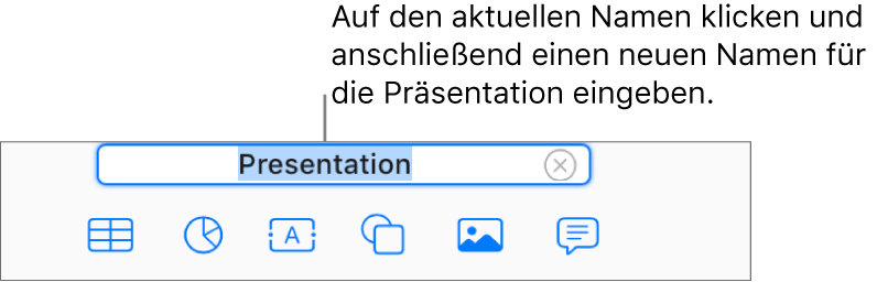 Der Name der Präsentation „Präsentation“ oben in einer offenen Präsentation ausgewählt.
