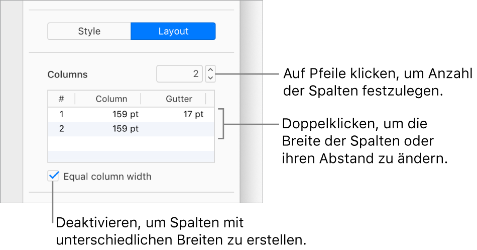 Die Steuerelemente für die Textspalten im Bereich „Layout“ der Seitenleiste „Format“.