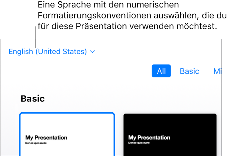 Das Einblendmenü oben links in der Themenauswahl mit Englisch (USA) ausgewählt.