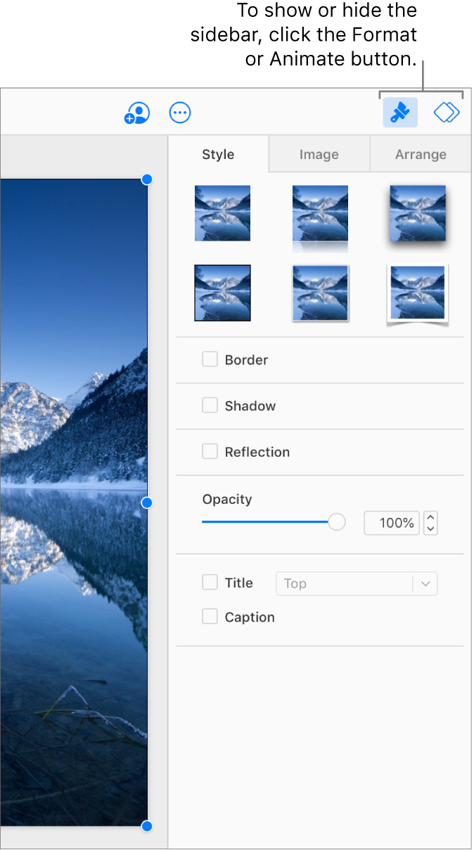 The Format button is selected in the toolbar, and style, shadow, and other formatting controls appear in the sidebar to the right of the slide.