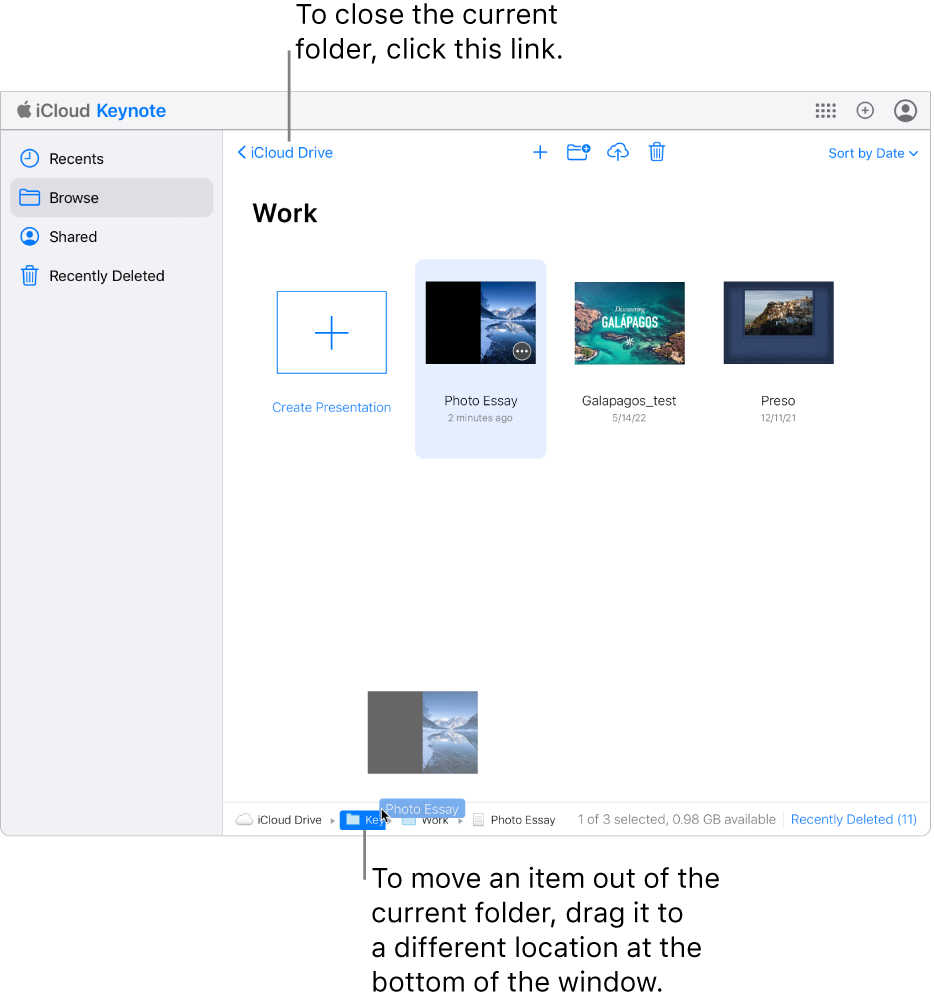 The Work folder is open; a presentation in the folder is being dragged to the Keynote folder at the bottom of the window.