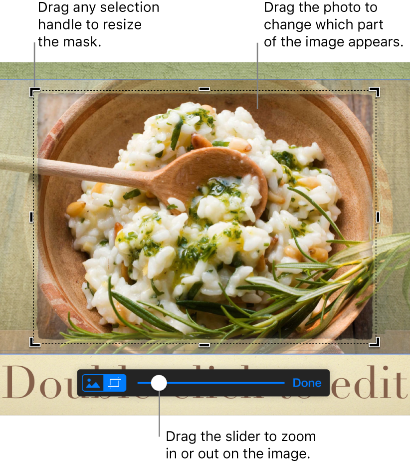 A selected image with mask controls visible at the bottom. Callouts indicate a corner selection handle, the image boundary, and the slider on the mask control.