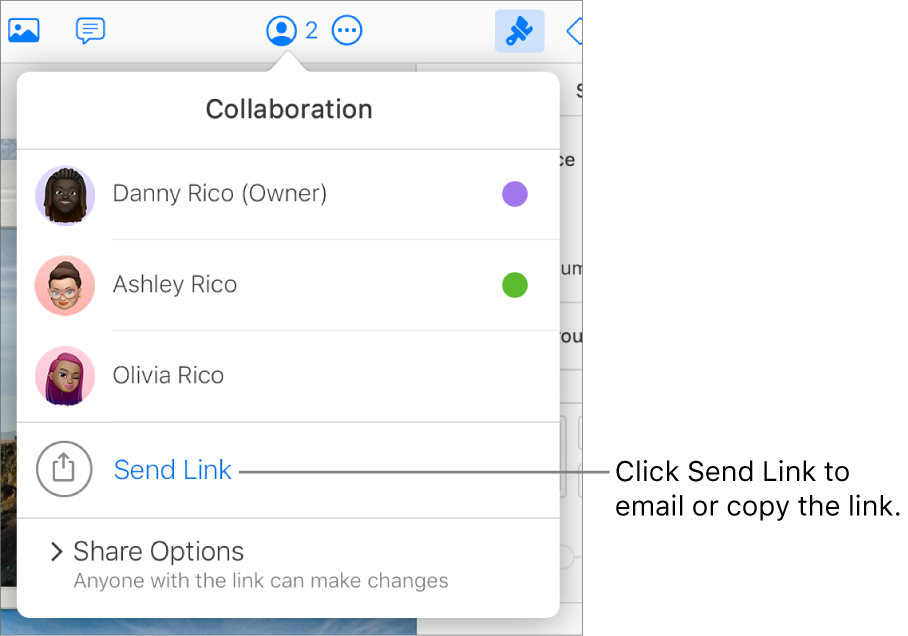 The Collaboration menu open, with a Send Link option below the participant list.