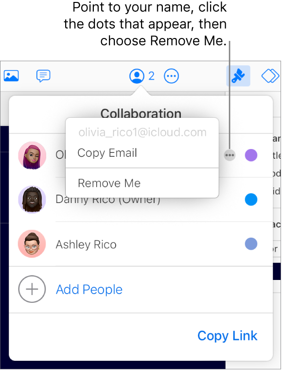 The Collaboration menu open, with the More button to the right of the first participant clicked, and a Remove Me option available.