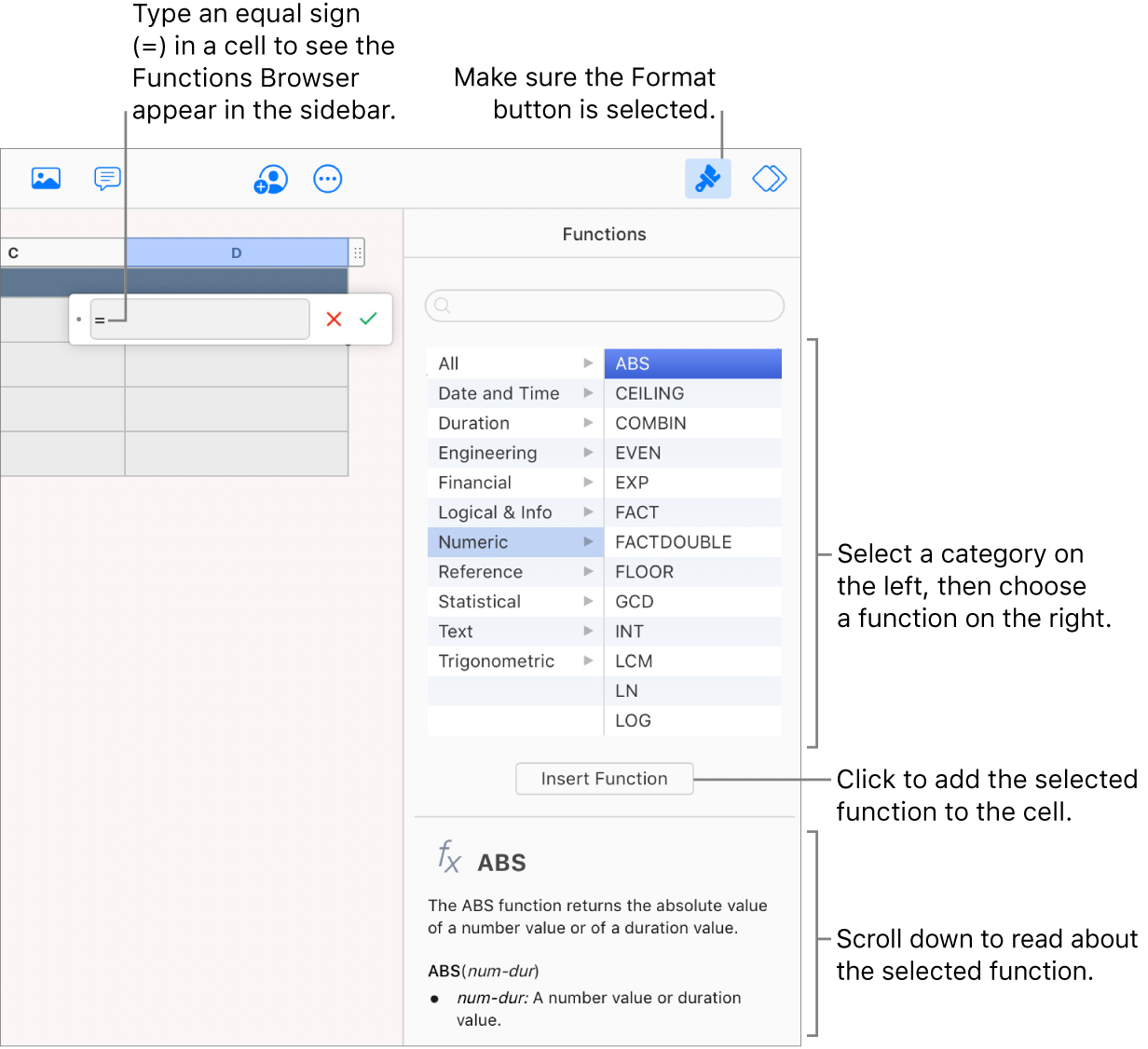 An equal sign appears in a table cell, the Format button is selected in the toolbar, and the Functions Browser appears in the Format sidebar on the right. The absolute value function is selected. A description of the function appears below the list of functions.