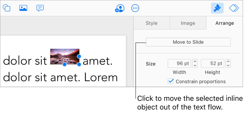 An inline image inside a text box is selected, and a Move to Slide button is visible in the Arrange tab in the sidebar.