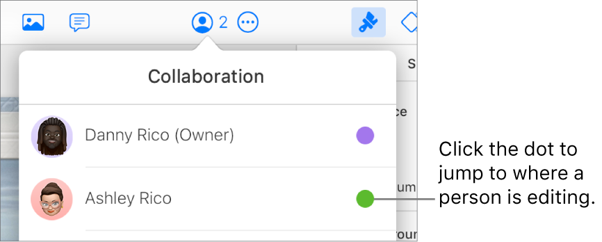 The Collaboration menu open, with two participants and a different color dot to the right of each name.