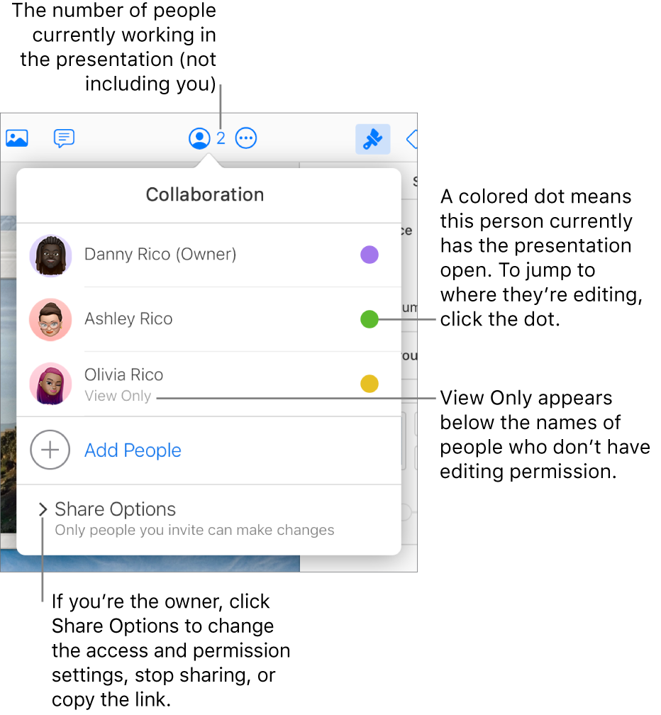 The Collaboration menu open, with a list of three participants (one with View Only access privileges), an option to Add People, and a Share Options section.