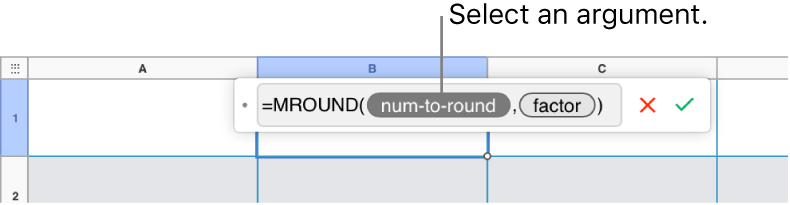 The Formula Editor with the SUM function entered and a callout to the value argument token.