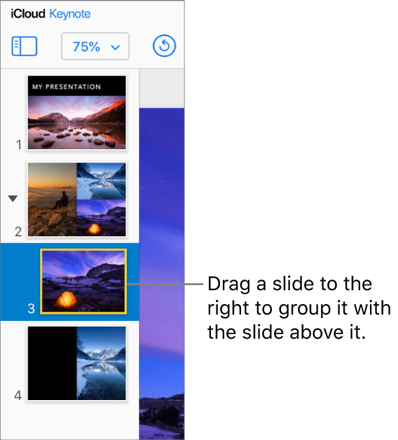 Keynote for iCloud slide navigator with one slide moving to the right