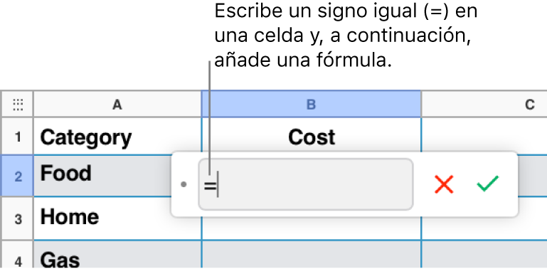 Editor de fórmulas con = y sin ninguna fórmula.