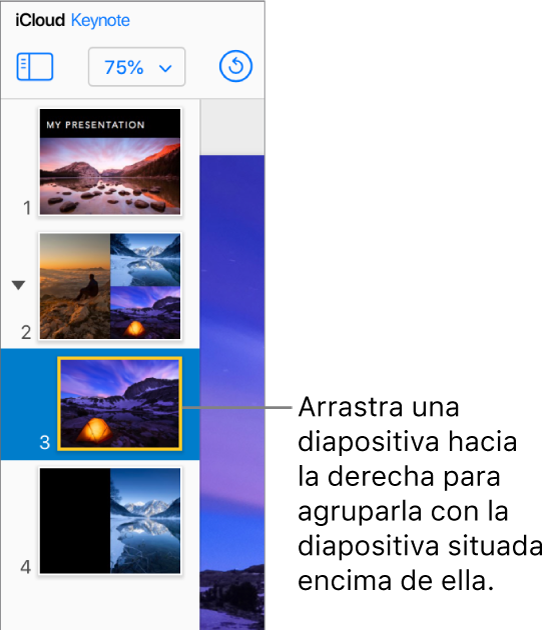 Navegador de diapositivas de Keynote para iCloud con una diapositiva moviéndose hacia la derecha
