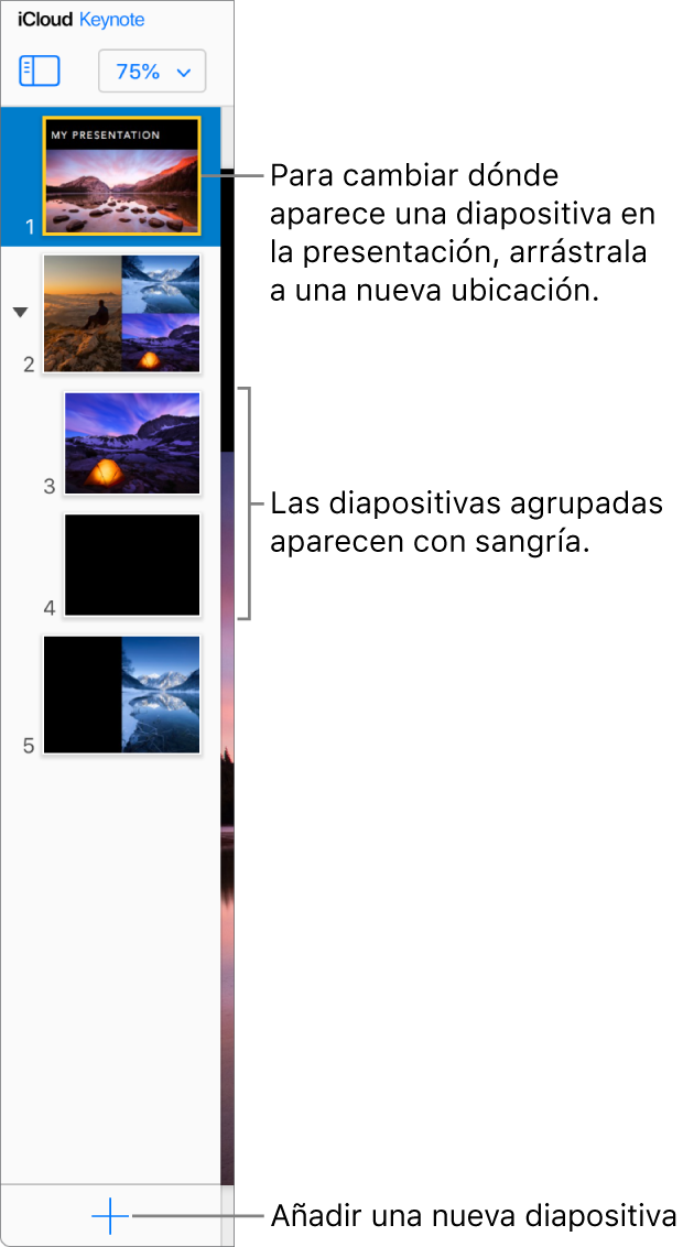 En la barra lateral izquierda está abierto el navegador de diapositivas de Keynote para iCloud, mostrando cinco diapositivas de la presentación. En la parte de debajo de la barra lateral hay un botón para añadir nuevas diapositivas.