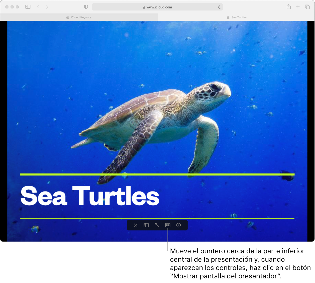 En una pantalla está abierta la pantalla de título del pase de una presentación. Cerca de la parte central inferior de la presentación hay controles para salir del pase, abrir el navegador de diapositivas, visualizar el pase a pantalla completa, abrir la pantalla del presentador y visualizar una lista de funciones de teclado de navegación por la presentación.