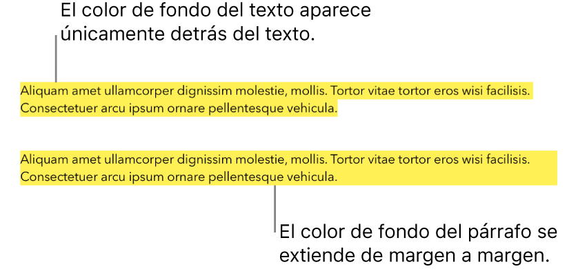 Un párrafo con un color amarillo solo detrás del texto y un segundo párrafo con un bloque de color amarillo detrás del párrafo que se extiende de margen a margen.