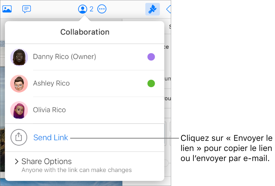 Le menu Collaboration est ouvert, avec une option Envoyer le lien sous la liste des participants.