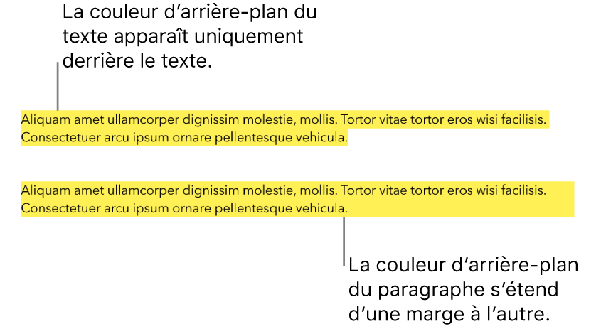 Un paragraphe de couleur jaune derrière le texte seul et un deuxième paragraphe avec un bloc de couleur jaune par-derrière, allant d’une marge à l’autre.