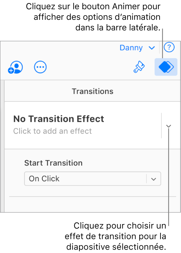 Le bouton Animer est sélectionné dans la barre d’outils et « Aucun effet de composition de sortie » s’affiche dans le menu local Transitions de la barre latérale.