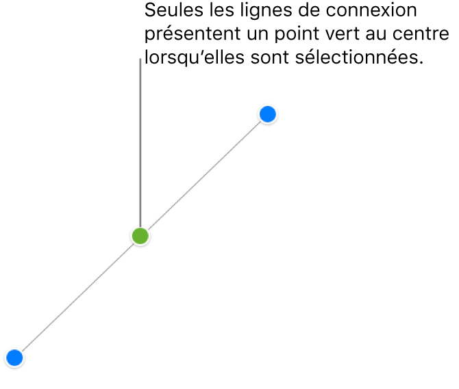Une ligne de connexion droite est sélectionnée. Une poignée de sélection apparaît à chaque extrémité et un point vert apparaît au milieu.