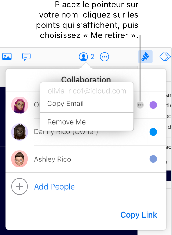 Le menu Collaboration est ouvert, avec un utilisateur cliquant sur le bouton Plus à droite du premier participant et une option Me retirer disponible.