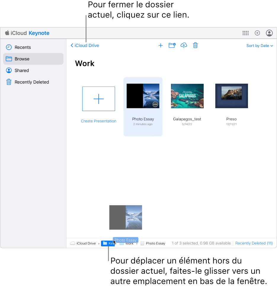 Le dossier Work est ouvert et vous faites glisser une présentation depuis ce dossier vers le dossier Keynote en bas de la fenêtre.