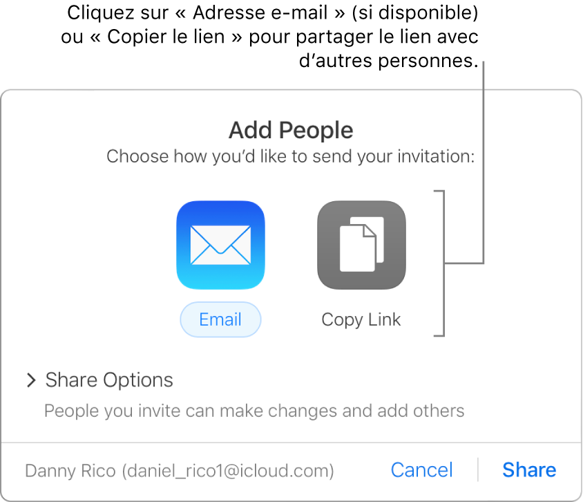 Fenêtre qui apparaît lorsque vous cliquez sur le bouton Collaboration dans la barre d’outils (avant le partage d’une présentation). Les boutons Envoyer le lien par e-mail et Copier le lien vous permettent de choisir comment partager la présentation.