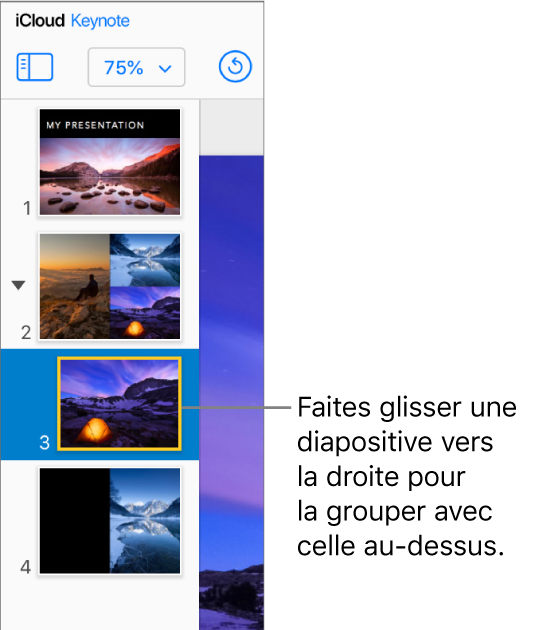 Navigateur de diapositives de Keynote pour iCloud avec une diapositive déplacée vers la droite
