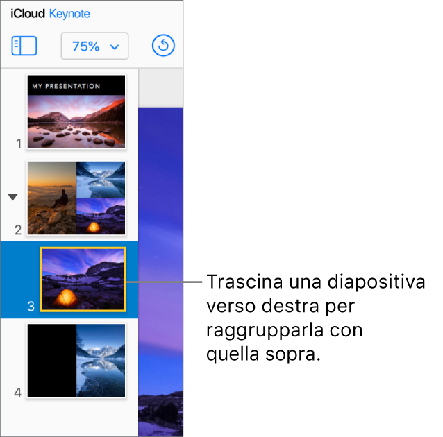 Il navigatore diapositive di Keynote per iCloud con una diapositiva che si sposta a destra