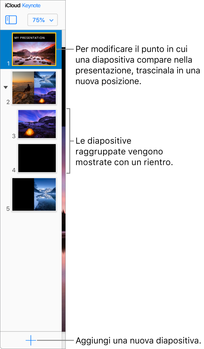 Il navigatore diapositive di Keynote per iCloud è aperto nella barra laterale sinistra, e mostra cinque diapositive nella presentazione. Un pulsante per aggiungere una nuova diapositiva si trova nella parte inferiore della barra laterale.