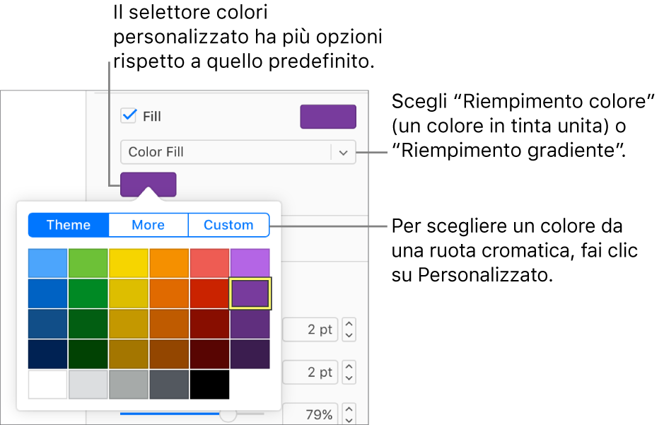 Riempimento colore è selezionato nel menu a comparsa sotto il riquadro Riempimento, e il riquadro colore sotto al menu a comparsa mostra maggiori opzioni di riempimento colore.