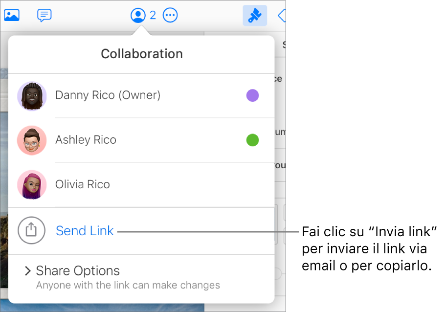 Il menu Collaborazione aperto, con un'opzione “Invia link” sotto l'elenco dei partecipanti.