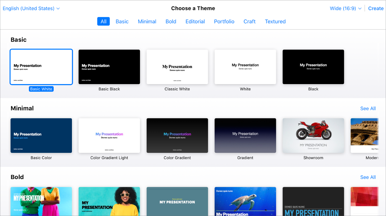 さまざまなテンプレートのサムネールが表示されているテーマセレクタ。「ベーシックホワイト」テーマが選択されています。
