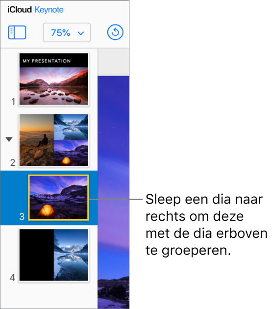 Keynote voor iCloud-navigatiepaneel met één dia die naar rechts inspringt