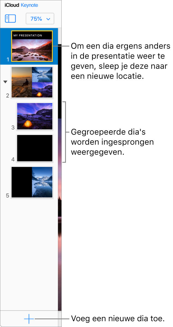 Het dianavigatiepaneel van Keynote voor iCloud staat open in de linkernavigatiekolom en er worden vijf dia's van de presentatie weergegeven. Onderaan de navigatiekolom staat een knop om een nieuwe dia aan de presentatie toe te voegen.